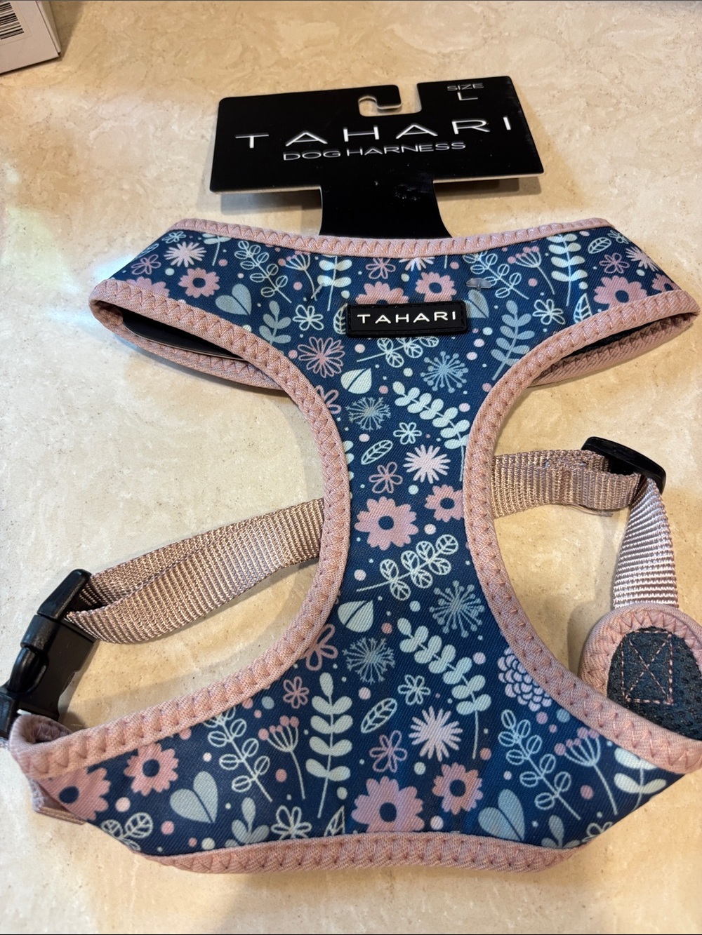 Tahari Navy Floral Dog Harness with Blush Trim